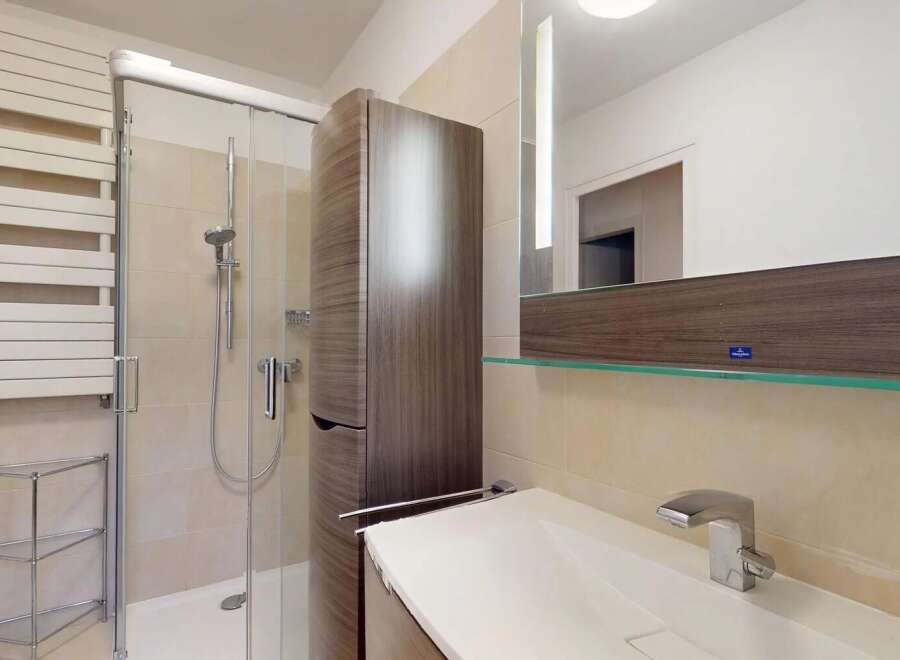 This modern bathroom features a sleek shower with glass doors, a stylish vanity, and a tall storage cabinet.
