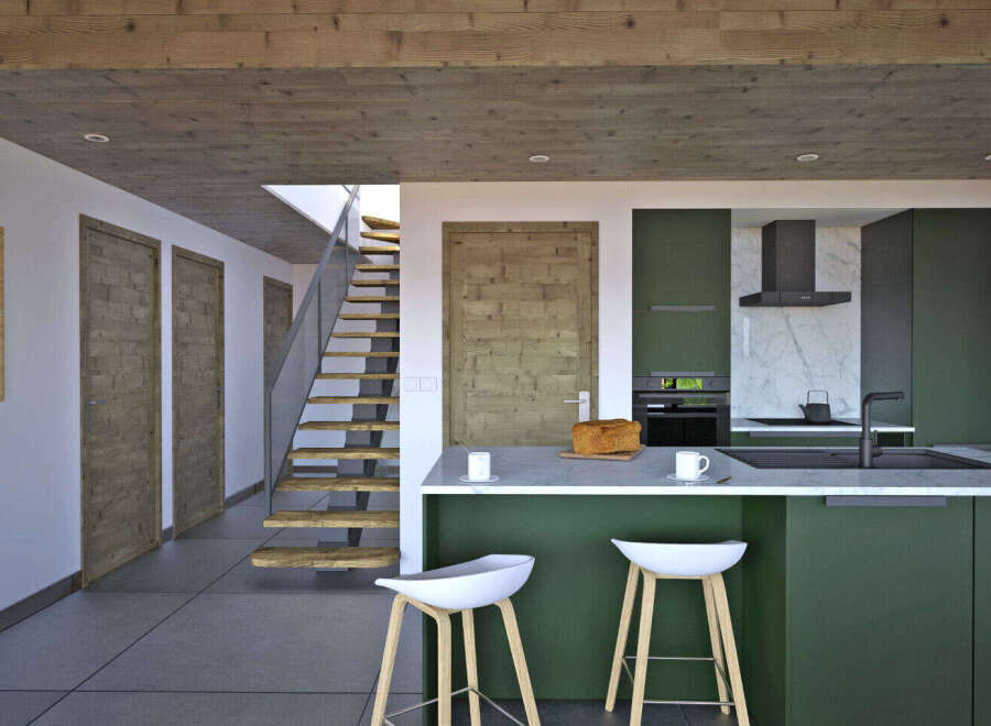 This stunning kitchen boasts a modern design with sleek green cabinetry and a spacious island, perfect for both cooking and entertaining.