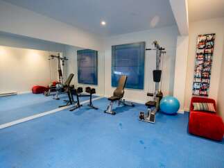 This home gym offers a dedicated space for fitness enthusiasts.