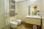 Step into this elegant bathroom featuring a modern shower, a stylish vanity, and a convenient bidet.