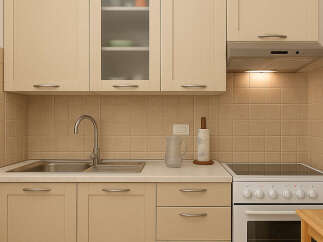 This charming kitchen boasts a modern design with ample storage and functionality.