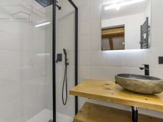This modern bathroom boasts a sleek design with a walk-in shower and a stylish stone sink.