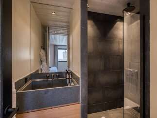 Experience luxury in this modern bathroom featuring a sleek concrete sink and a spacious walk-in shower.