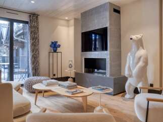 Experience luxury living in this stunning property, featuring a modern fireplace and a unique polar bear sculpture.