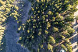 An aerial view showcases a stunning landscape with lush green trees and a rocky terrain.