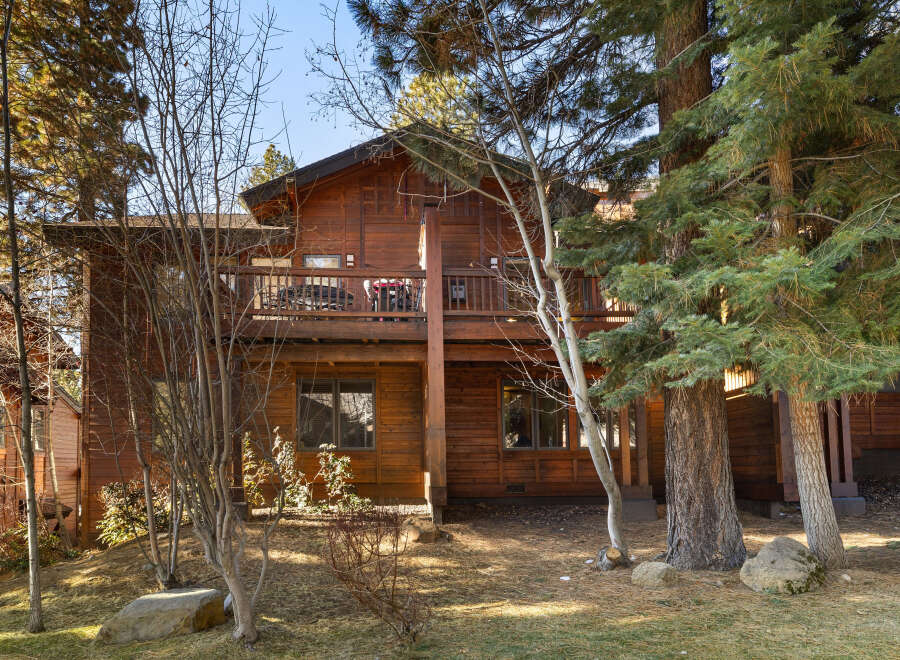 Nestled amidst towering trees, this stunning wooden cabin offers a serene escape.