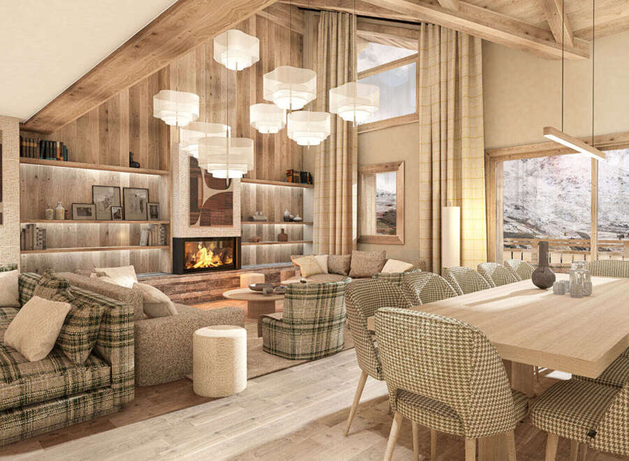 Experience luxurious mountain living in this stunning chalet, featuring a cozy fireplace and expansive windows with breathtaking views.
