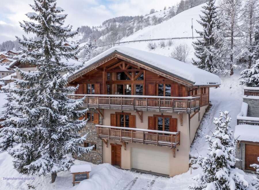Experience the ultimate winter getaway in this stunning wooden chalet, nestled amidst snow-covered mountains.