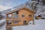 Experience the ultimate winter getaway in this stunning wooden chalet nestled in a snowy landscape.