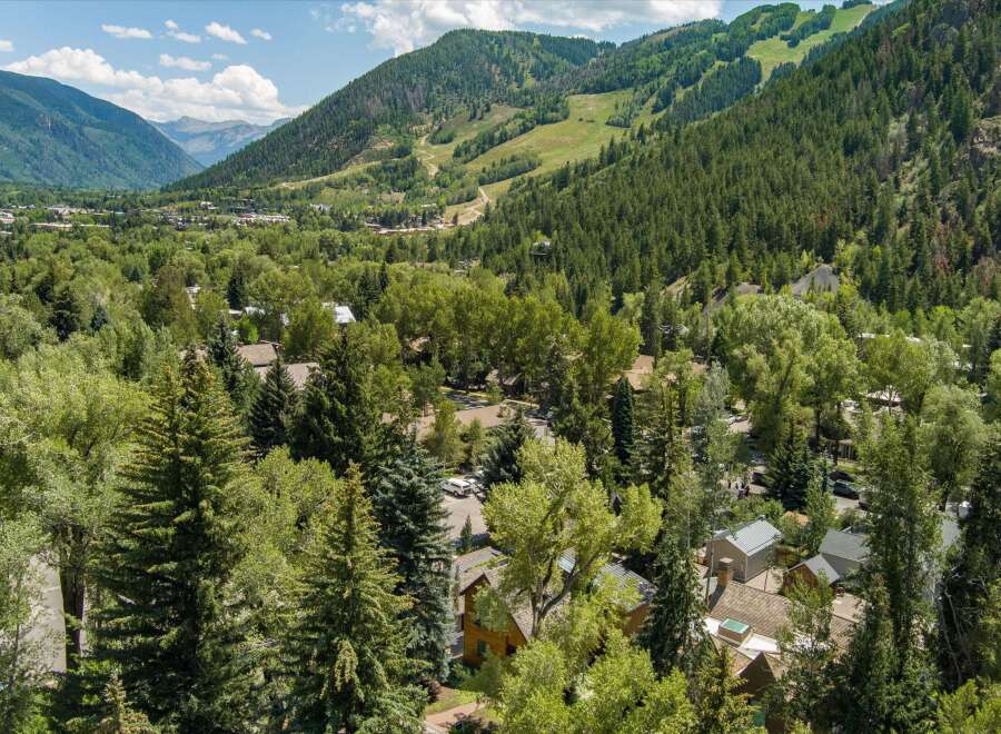 Nestled amidst lush greenery and towering trees, this property offers a serene mountain retreat.