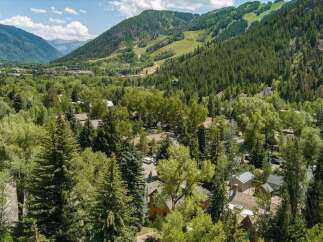Nestled amidst lush greenery and towering trees, this property offers a serene mountain retreat.
