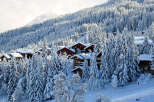 Nestled amidst a snow-covered mountain, this charming property offers a serene winter escape.