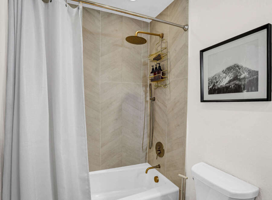 Step into a beautifully designed bathroom featuring a modern shower with a stylish gold showerhead and a sleek white bathtub.