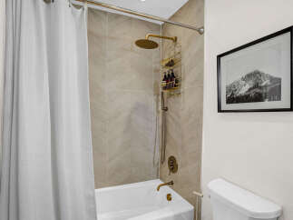 Step into a beautifully designed bathroom featuring a modern shower with a stylish gold showerhead and a sleek white bathtub.