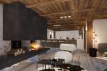 Experience luxury living in this stunning property, featuring a cozy fireplace and a modern kitchen.