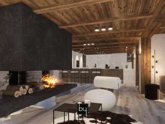 Experience luxury living in this stunning property, featuring a cozy fireplace and a modern kitchen.