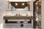 This stunning bathroom features a modern design with a wooden vanity and sleek white sinks.