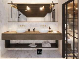 This stunning bathroom features a modern design with a wooden vanity and sleek white sinks.