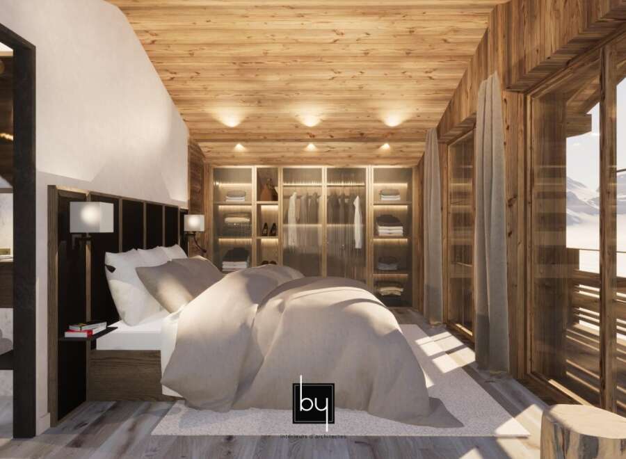 Experience luxury living in this stunning bedroom featuring exquisite wooden accents and a serene ambiance.