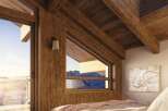 Experience the epitome of luxury in this stunning bedroom, featuring exquisite wooden accents and a breathtaking mountain view.