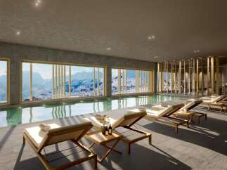 Indulge in luxury at this stunning property, featuring an indoor pool with breathtaking mountain views.