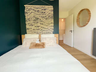 This cozy bedroom features a stylish design with a dark teal accent wall that complements the light wooden bed frame.