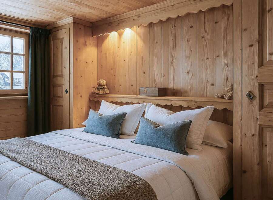 Experience the warmth and charm of this cozy bedroom, featuring exquisite wooden paneling that envelops the space.