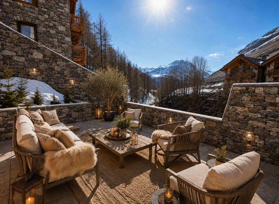 Experience luxury mountain living on this stunning stone patio, complete with plush seating and a rustic coffee table, perfect for enjoying breathtaking alpine views.