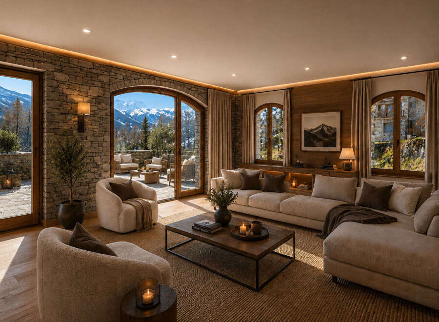 Experience luxury mountain living in this stunning living room, featuring a large sectional sofa and cozy armchairs perfect for relaxing by the fireplace.
