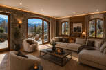 Experience luxury mountain living in this stunning living room, featuring a large sectional sofa and cozy armchairs perfect for relaxing by the fireplace.