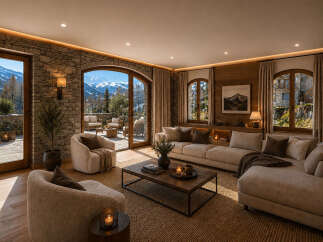 Experience luxury mountain living in this stunning living room, featuring a large sectional sofa and cozy armchairs perfect for relaxing by the fireplace.