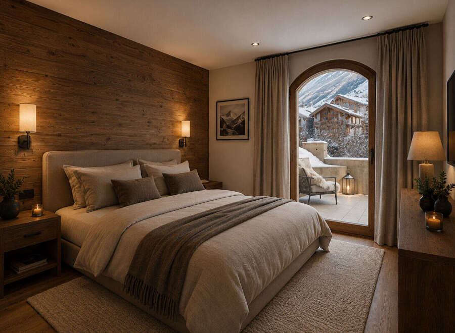 Experience luxurious mountain living in this stunning bedroom featuring a cozy king-size bed with plush linens and a warm, wood-paneled accent wall.