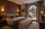 Experience luxurious mountain living in this stunning bedroom featuring a cozy king-size bed with plush linens and a warm, wood-paneled accent wall.