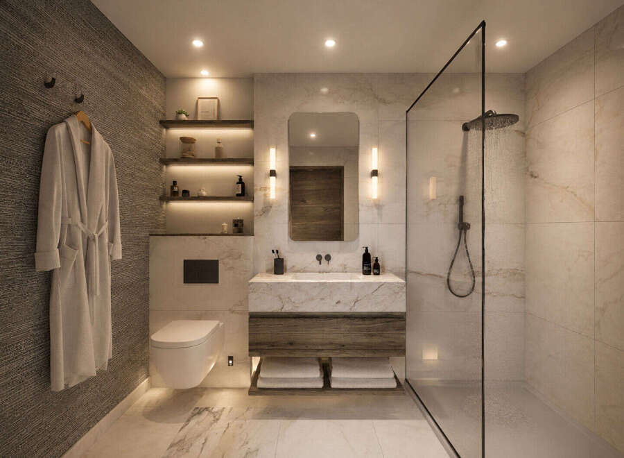 Experience modern luxury in this stunning bathroom featuring a sleek, floating vanity with ample storage and a spacious walk-in shower with a rainfall showerhead.