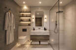 Experience modern luxury in this stunning bathroom featuring a sleek, floating vanity with ample storage and a spacious walk-in shower with a rainfall showerhead.