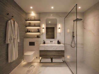 Experience modern luxury in this stunning bathroom featuring a sleek, floating vanity with ample storage and a spacious walk-in shower with a rainfall showerhead.