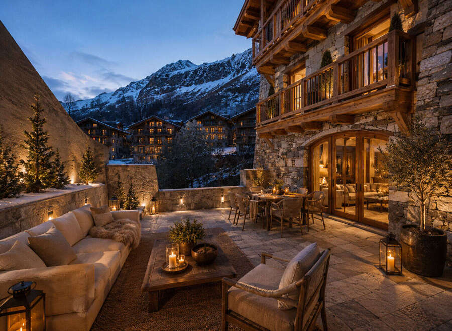 Experience luxury mountain living with this stunning chalet featuring a spacious outdoor patio, perfect for enjoying the crisp evening air.