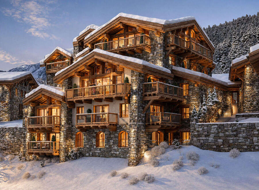 Experience luxury mountain living in this stunning chalet, featuring a rustic stone and timber facade nestled against a snow-covered slope.