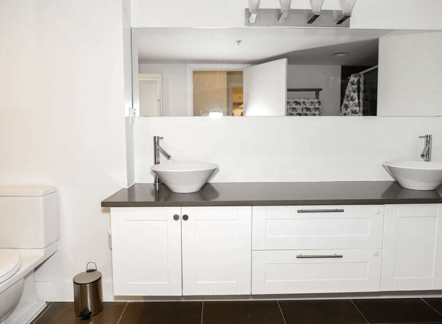 This modern bathroom features a sleek design with a double vanity and a large mirror, perfect for a luxurious and functional space.