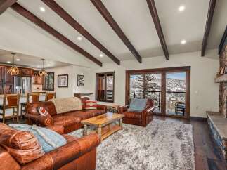 Step into luxury with this stunning living space, boasting a cozy leather sofa and a plush rug, perfect for relaxing after a day on the slopes.
