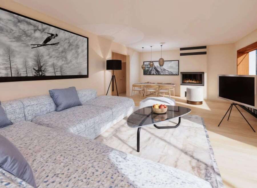 Experience luxury living in this stunning property, featuring a modern living room with a cozy fireplace and a sleek, contemporary design.