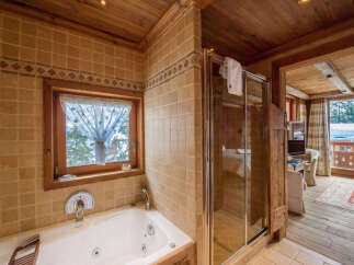 Experience luxury in this stunning bathroom featuring a jacuzzi tub and a separate shower.