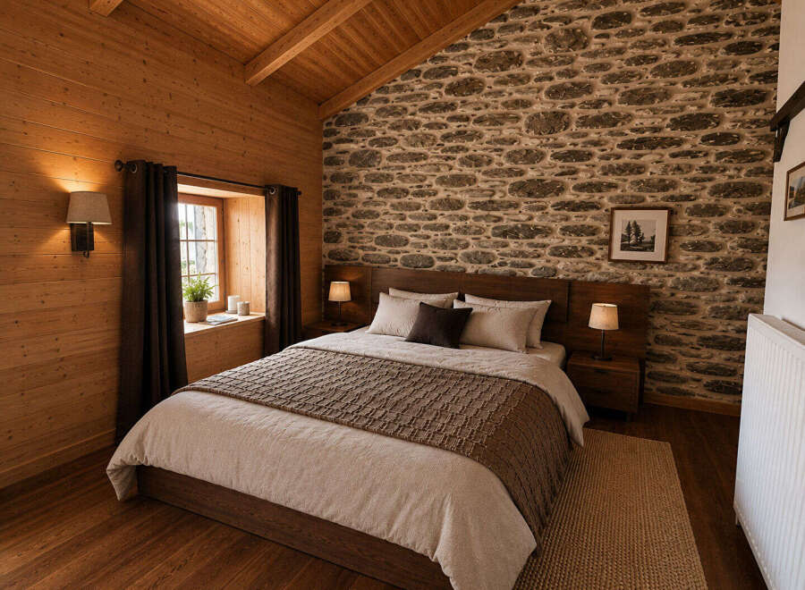 Experience rustic charm in this cozy bedroom, featuring a beautiful stone accent wall and warm wooden paneling.