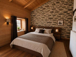 Experience rustic charm in this cozy bedroom, featuring a beautiful stone accent wall and warm wooden paneling.
