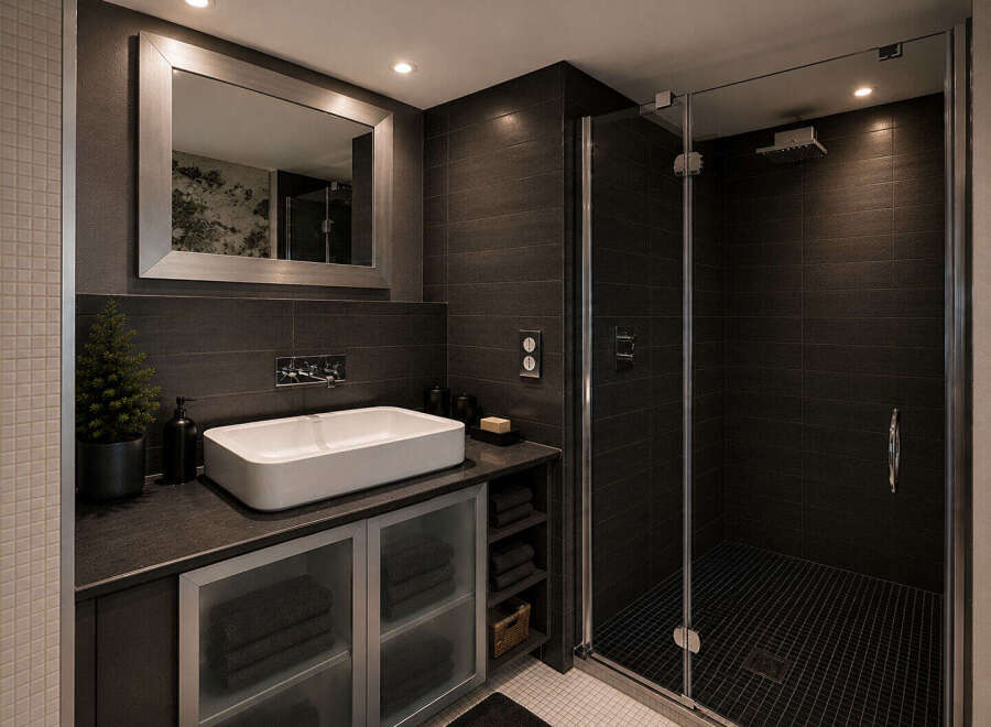 Experience modern luxury in this sleek bathroom featuring a spacious walk-in shower with dark tiled walls and a rainfall showerhead.