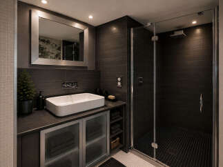 Experience modern luxury in this sleek bathroom featuring a spacious walk-in shower with dark tiled walls and a rainfall showerhead.