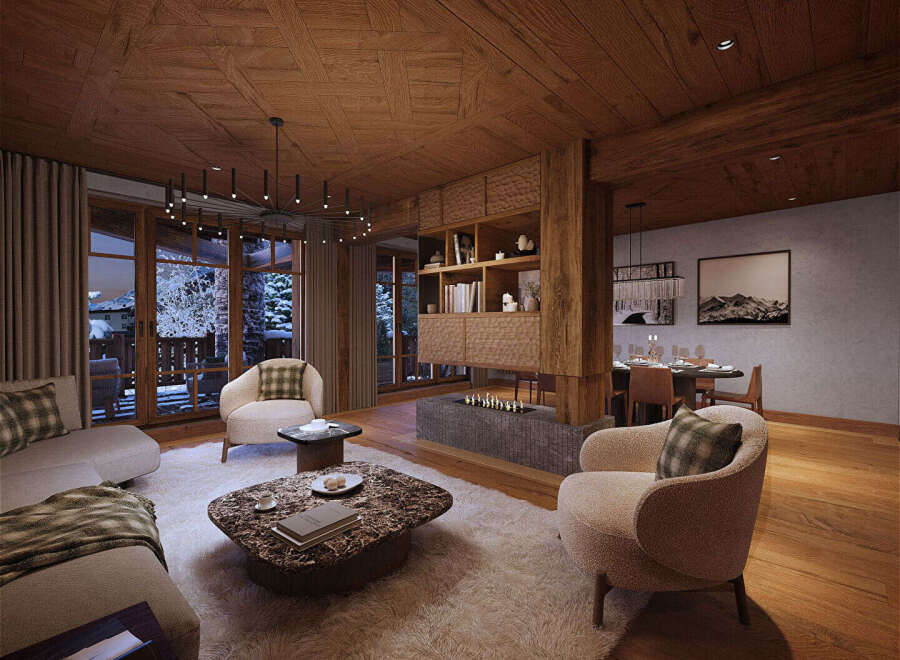 Experience luxury living in this stunning property, featuring a cozy living room with a fireplace and plush seating.