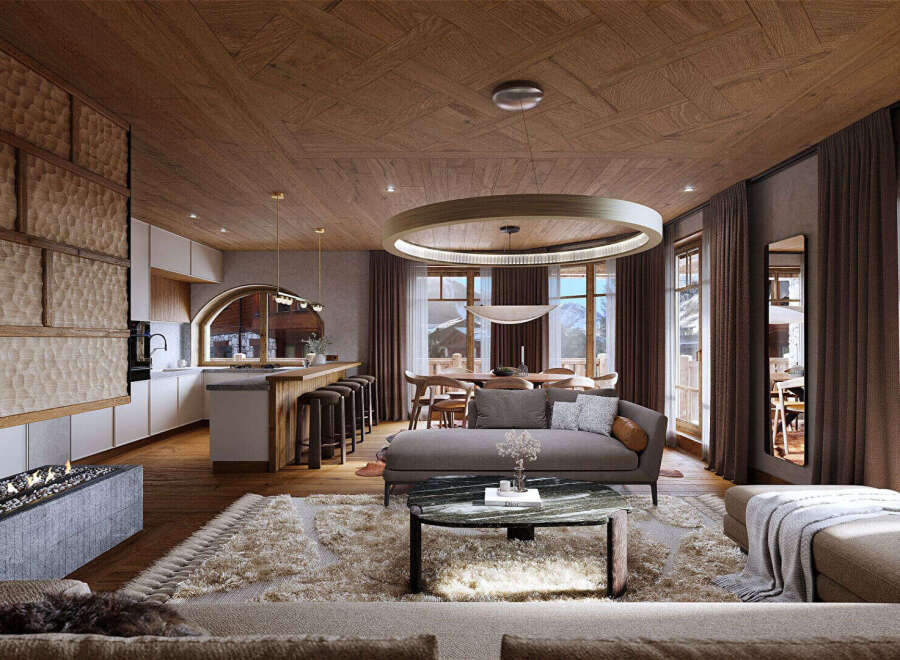 Experience luxury living in this stunning property, featuring a modern kitchen with a breakfast bar and a cozy living area with a fireplace.