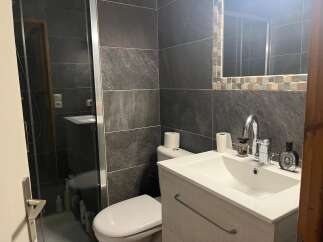 This modern bathroom features sleek, dark gray tiles and a glass shower enclosure, creating a sophisticated and contemporary feel.