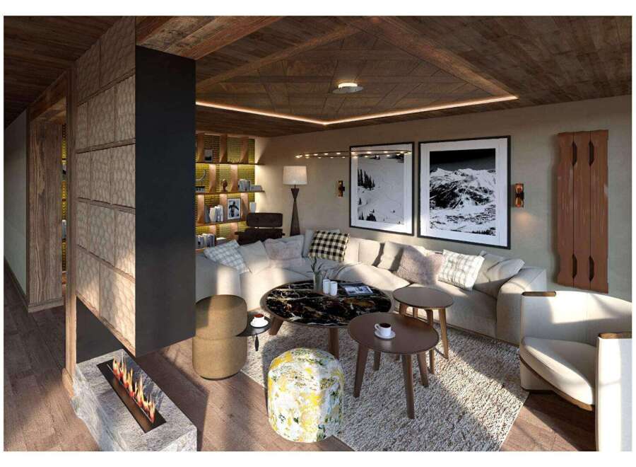 Experience luxury living in this stunning property, featuring a cozy living room with a fireplace and a stylish seating area.
